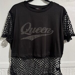 Love Black 'Queen' Rhinestone Mesh Layered Crop Top